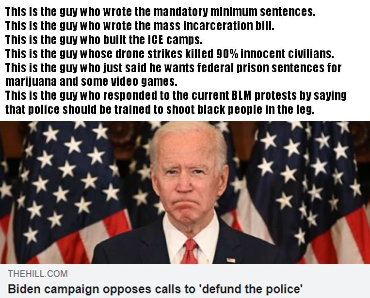 This meme is a photo of Joe Biden with a caption that lists his supposed past actions and statements, implying that he is a hypocrite or has a contradictory record. The text is a series of statements that are often contradictory or hypocritical, such as "this is the guy who wrote the mandatory minimum sentences", "this is the guy who wrote the mandatory minimum sentences", "this is the guy who wrote the mandatory minimum sentences", and "this is the guy who wrote the mandatory minimum sentences".